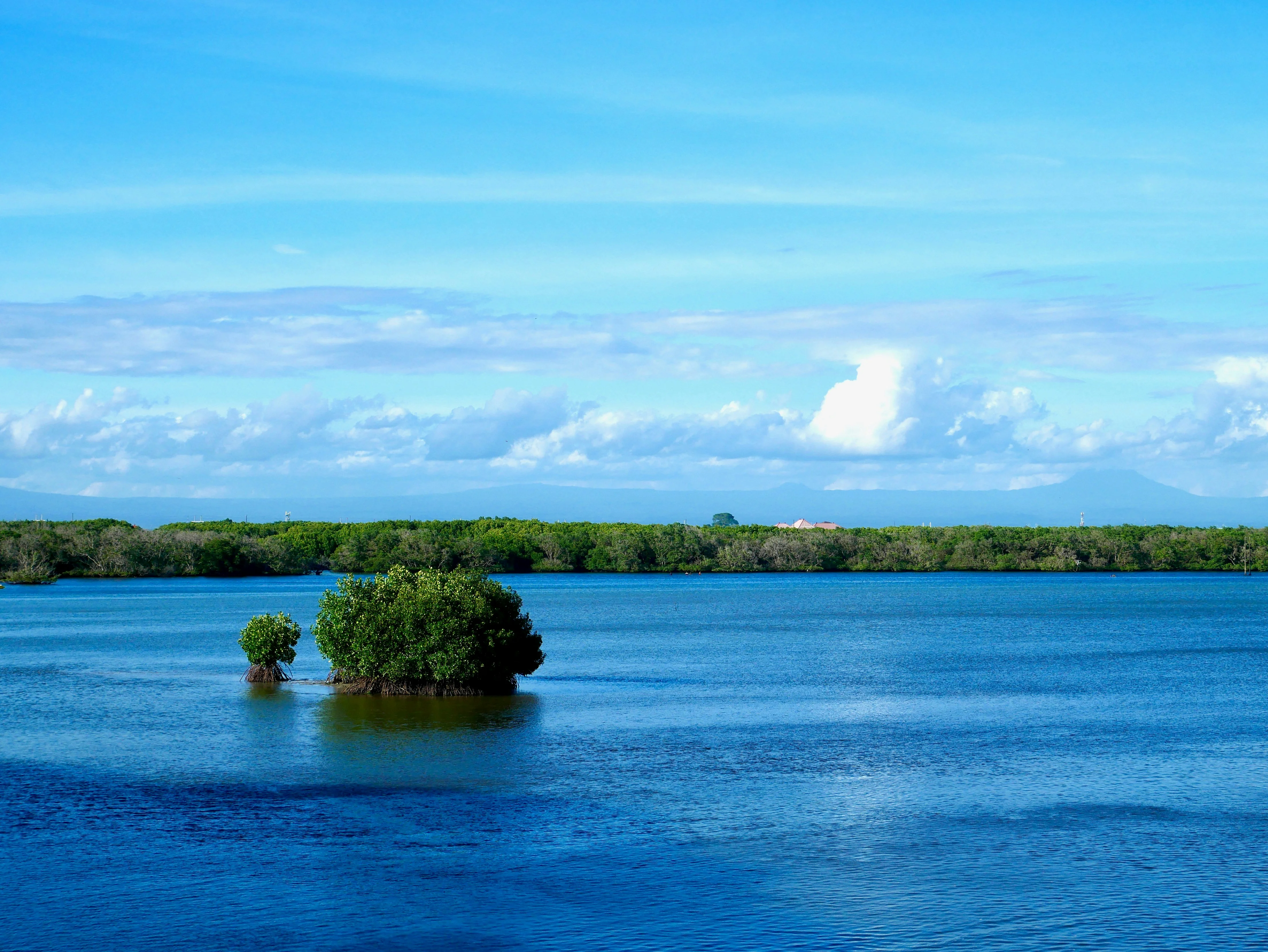a body of water with a small island in the middle of it